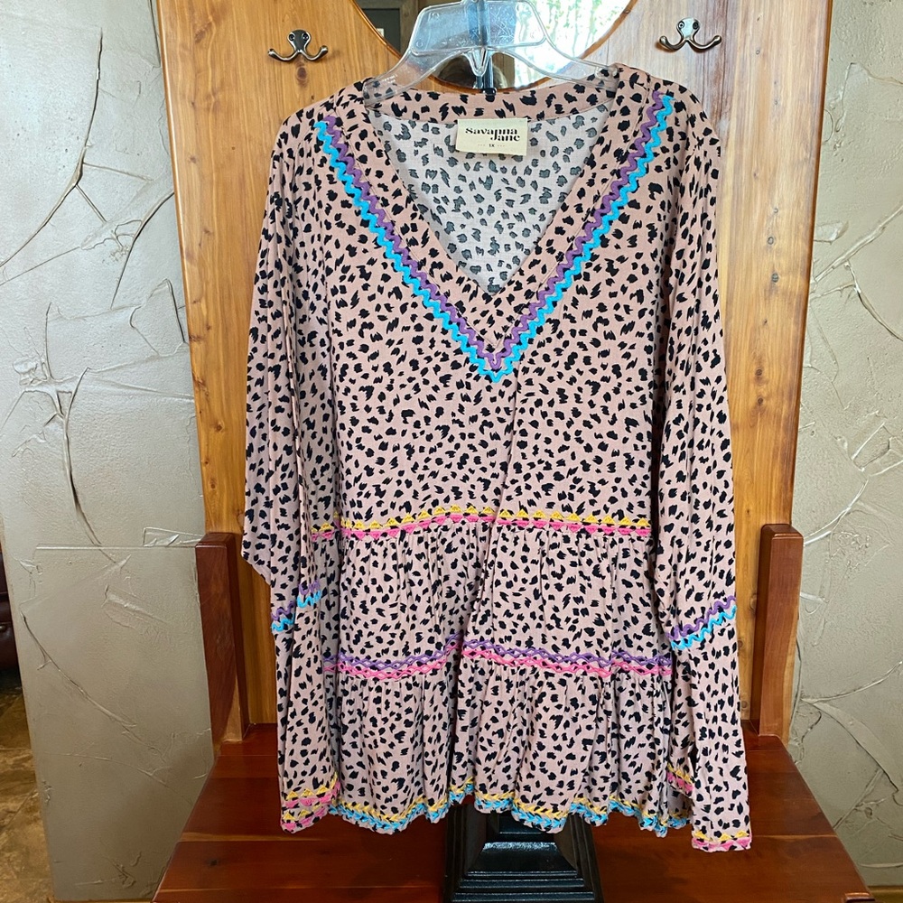 Savanna Jane Pink Leopard Print Blouse with Multicolor Trim